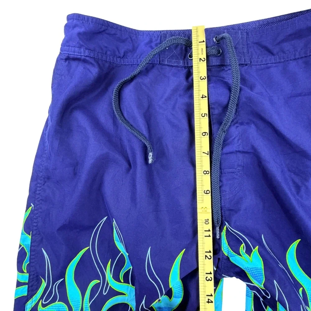 Utility Flame Print Baggy Board Shorts Men 34 Blue Surf Swim Trunks Y2K Vintage